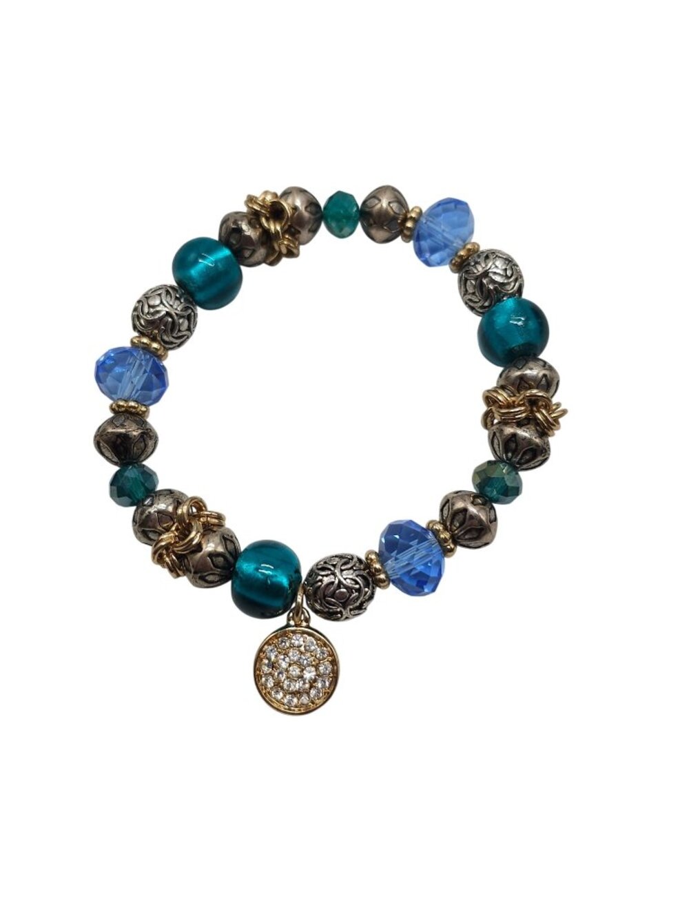 Elegant Beaded Stretch Bracelet With Blue Green Glass Beads Rhinestone Charm
